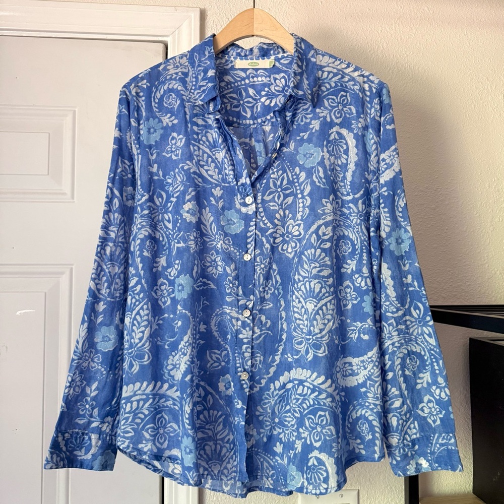 DOLMA blue floral semi sheer cotton long sleeve button up shirt‎ blouse top